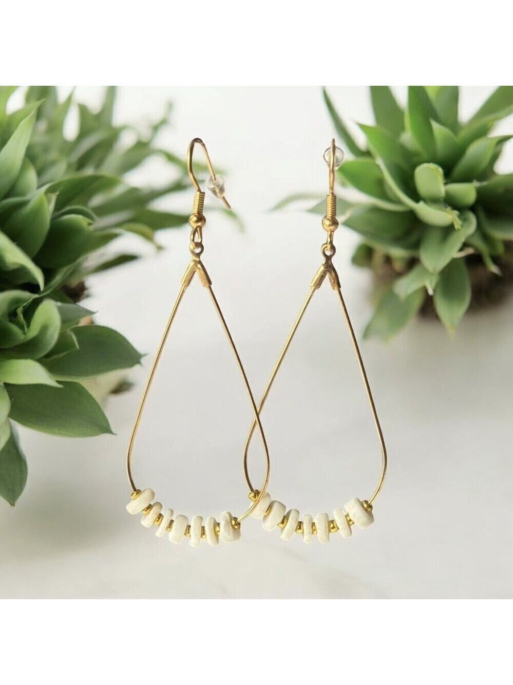 Carved Shell Bead Dangle Earrings Gold Tone